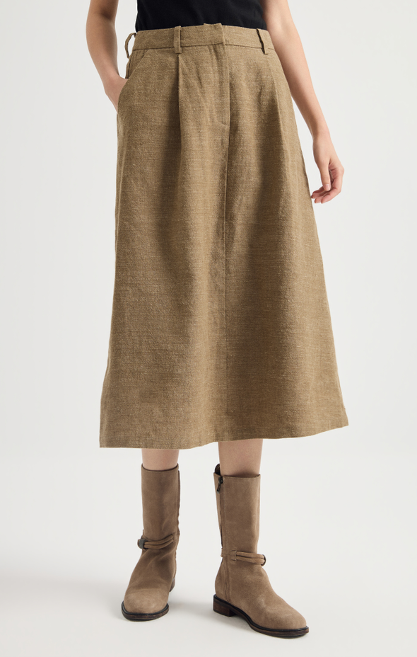 Linen-wool pleated midi skirt