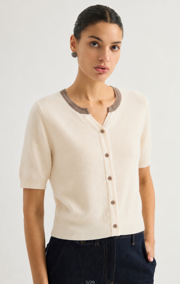 Short-sleeve contrast-trim cardigan