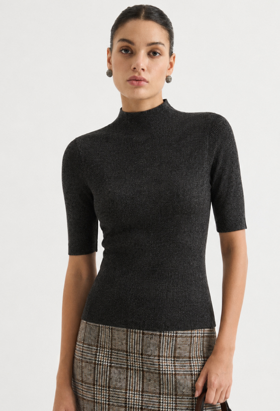 Short-sleeve mock-neck knit top | MZ62004
