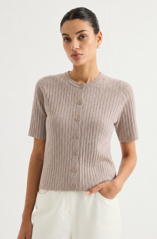 Short-sleeve ribbed knit cardigan