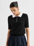 Contrast-collar polo knit top — MZ62085