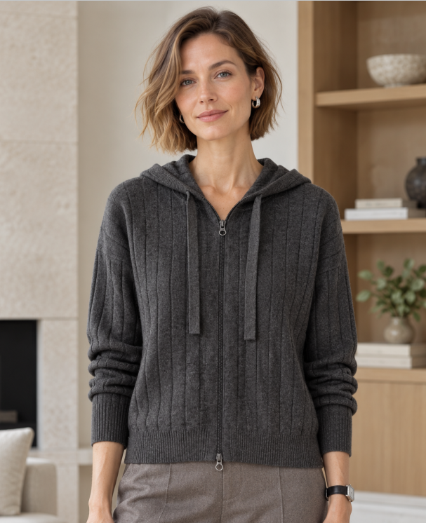 Ribbed zip-front knit hoodie