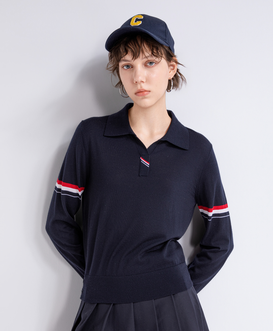 Contrast-sleeve wool polo sweater | TH861051