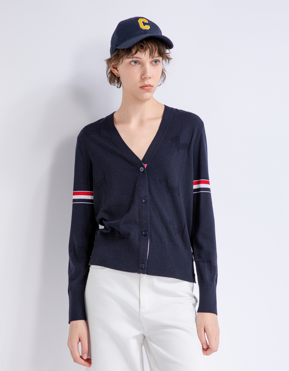 Sleeve-stripe wool v-neck cardigan