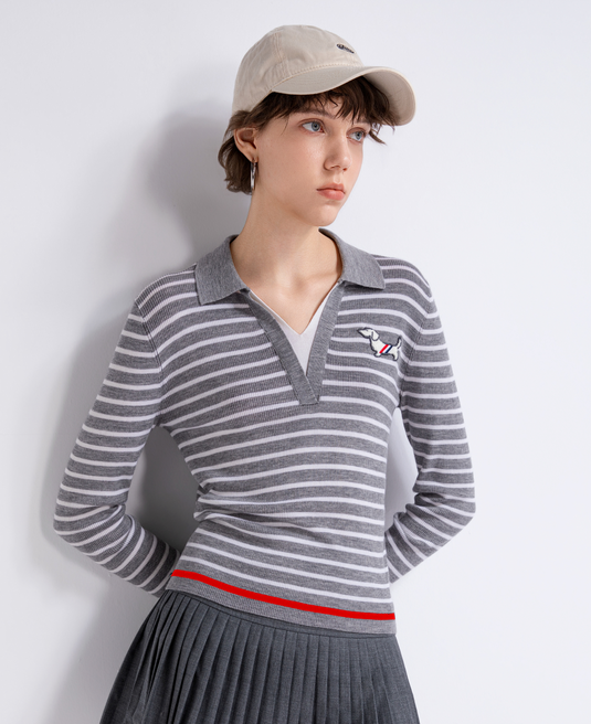 Striped open-collar knit sweater — TX862005
