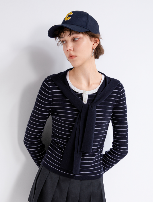 Striped tie-front cardigan