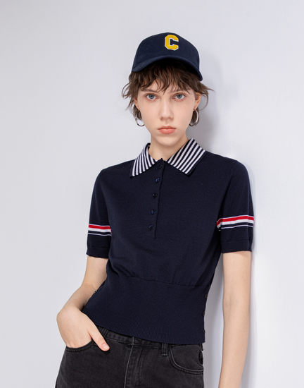 Short-sleeve polo knit top