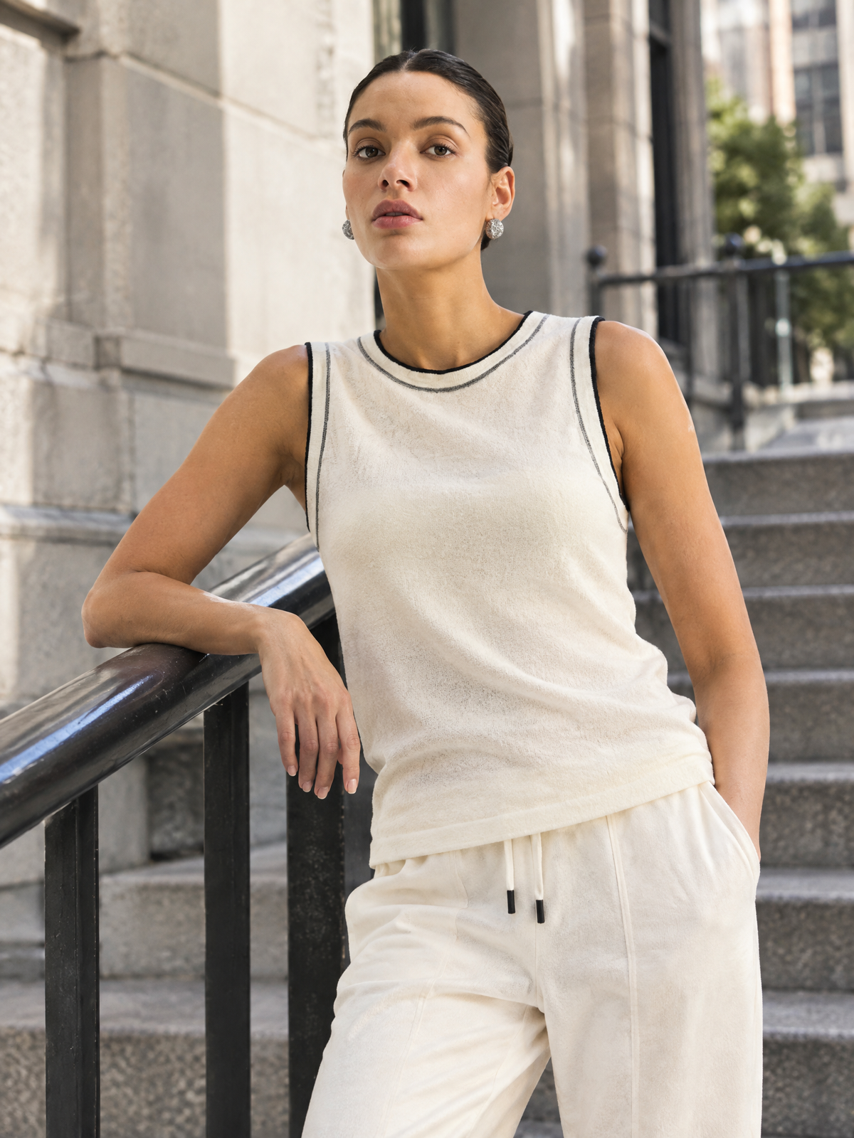 Contrast-trim cashmere-blend knit vest — Lifestyle scene