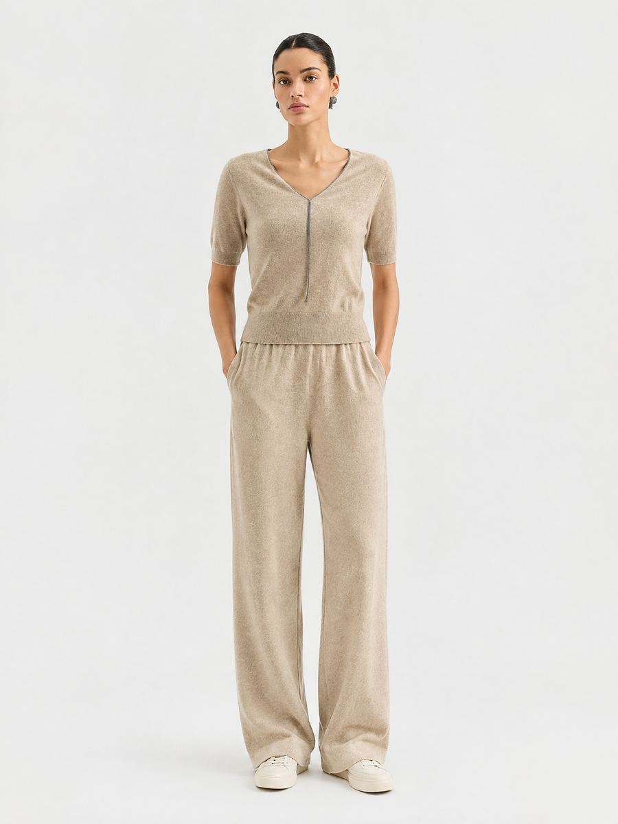 Short-sleeve half-zip cashmere top