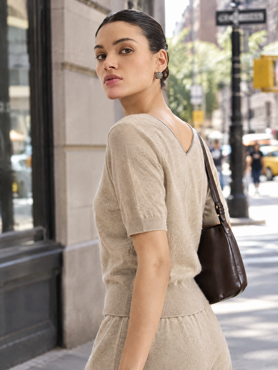 Short-sleeve half-zip cashmere top