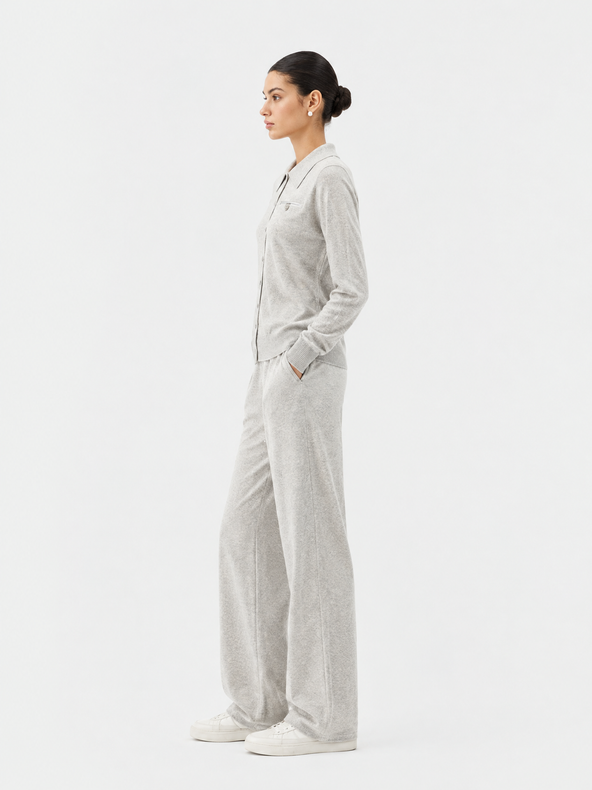 Polo-collar knit cardigan — Side view