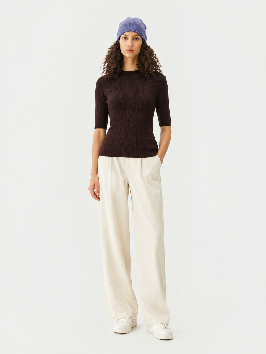 Short-sleeve mock-neck knit top