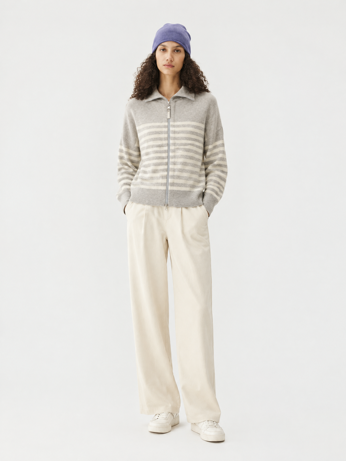 Striped zip-front cardigan — Front view