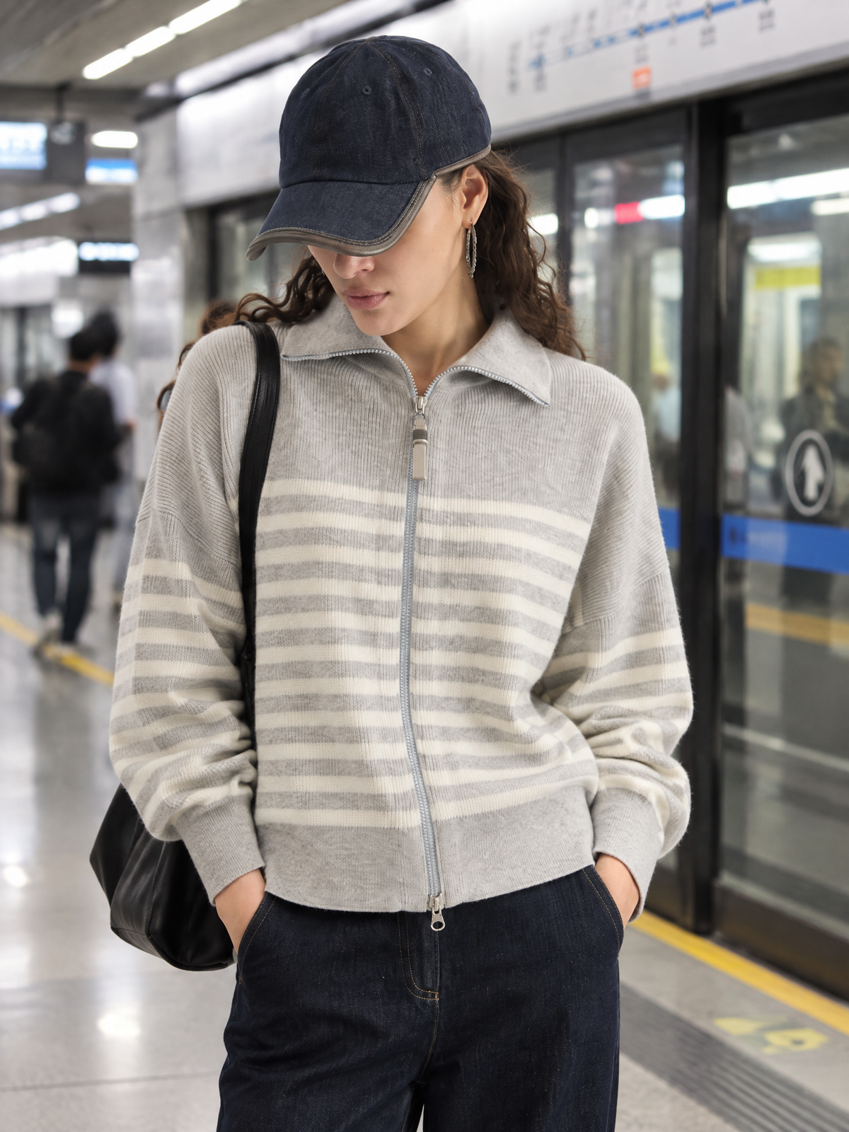 Striped zip-front cardigan — Lifestyle scene