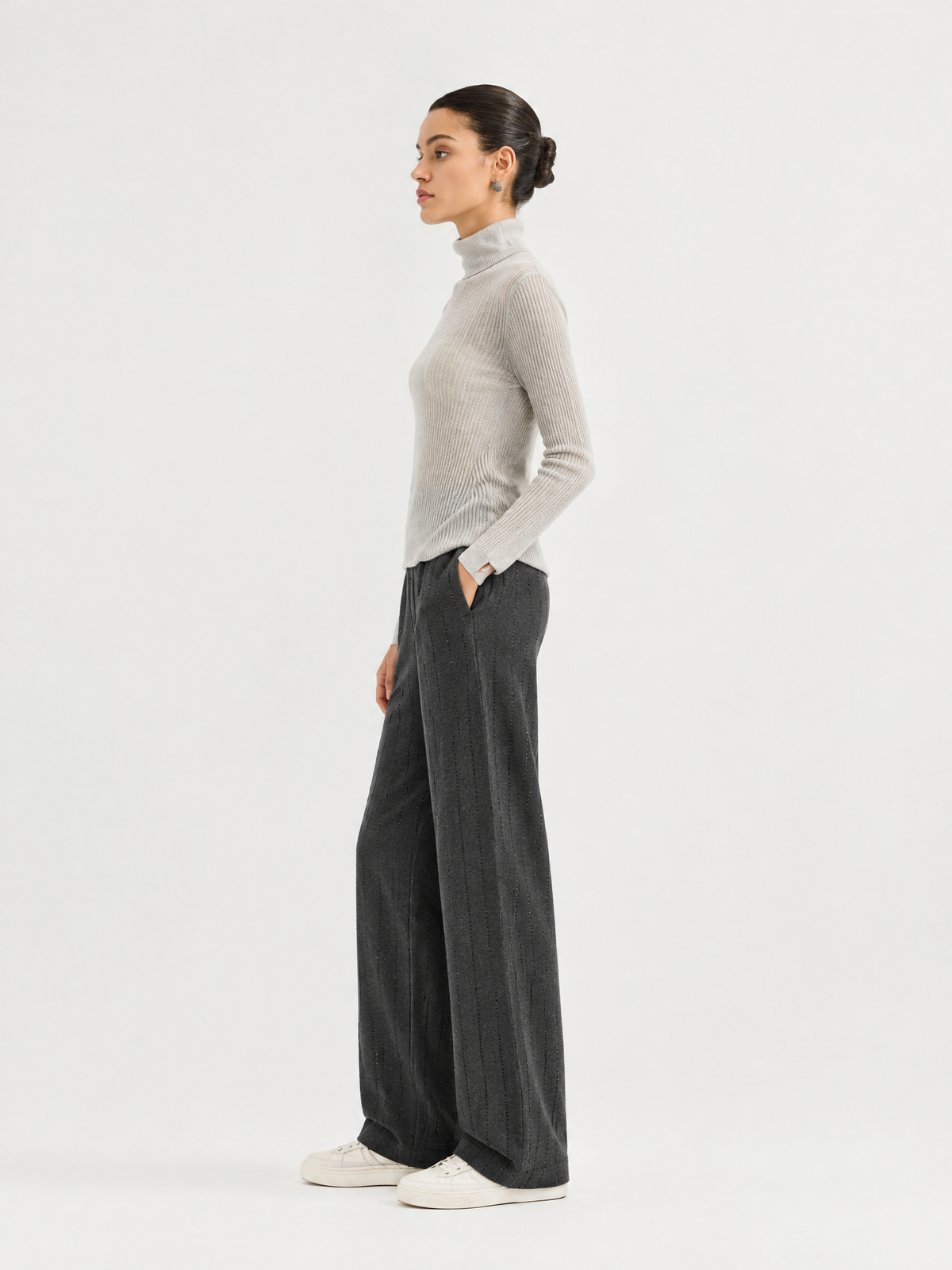 Ribbed mock-neck knit sweater — Side view