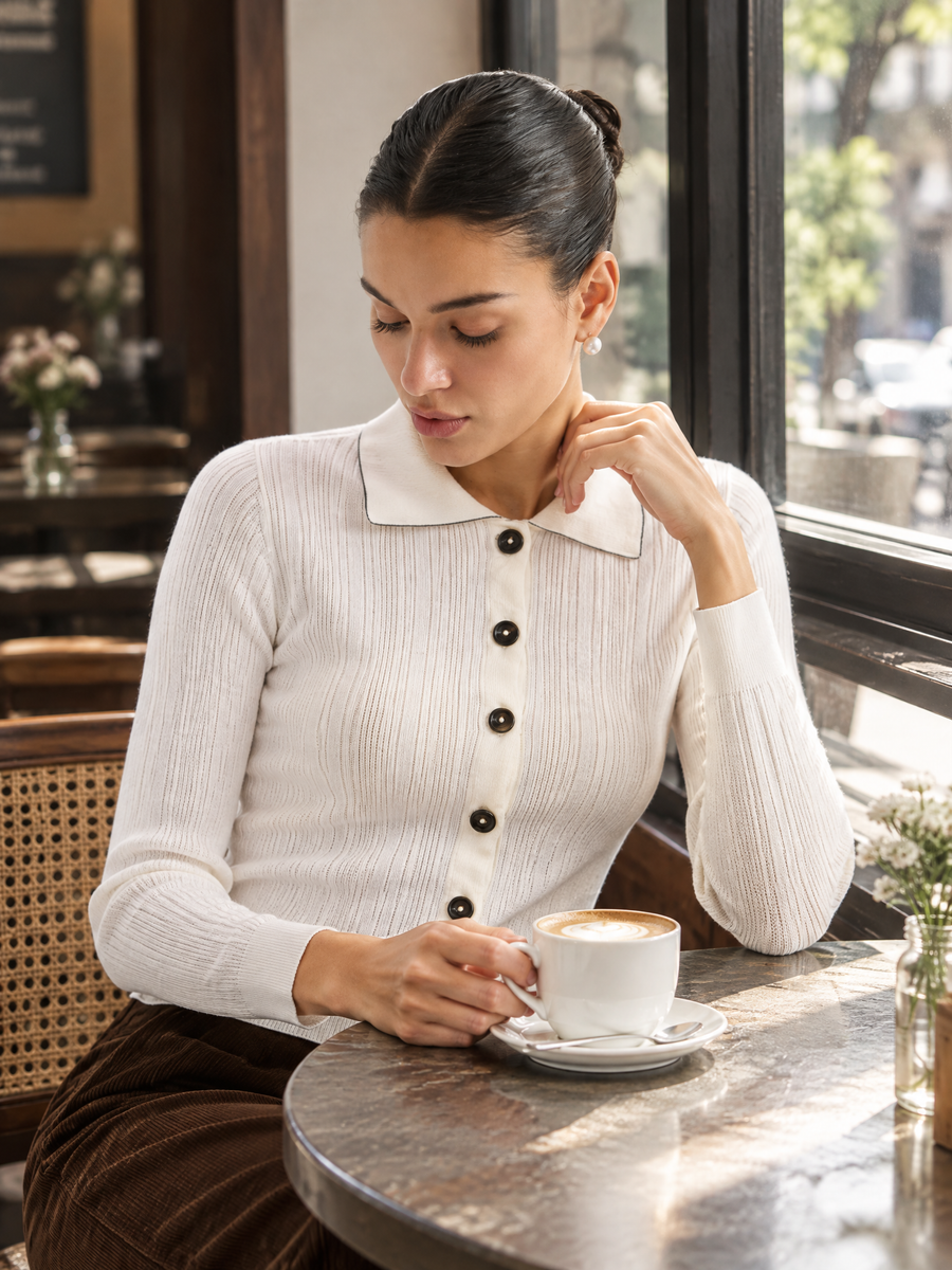 Polo-collar knit cardigan