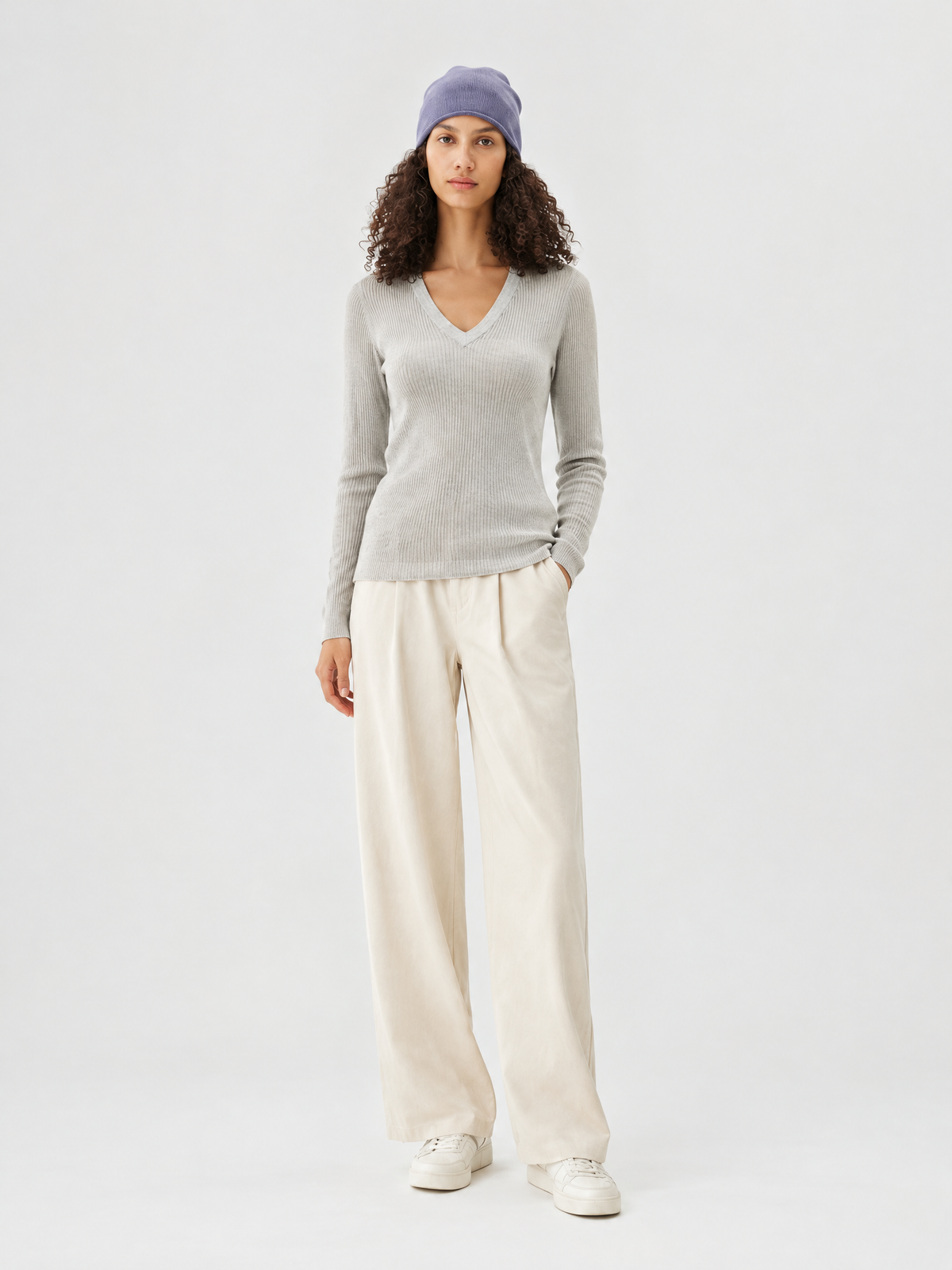 Ribbed V-neck knit sweater — Front view